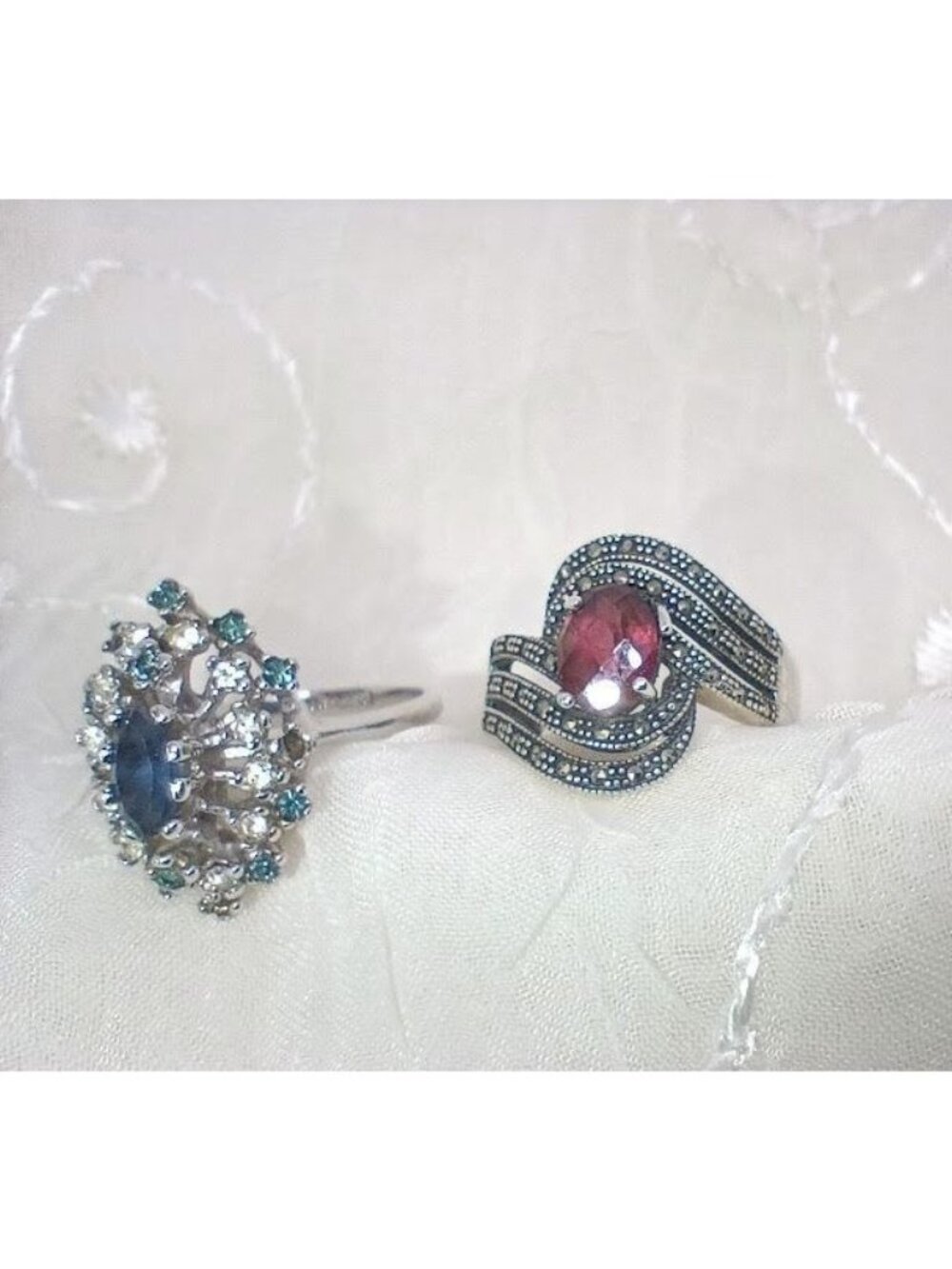 Set 2 Rings ESPO Blue Marquise Rhinestone 18k Heavy Gold Electroplate & Red Oval - Picture 4 of 9
